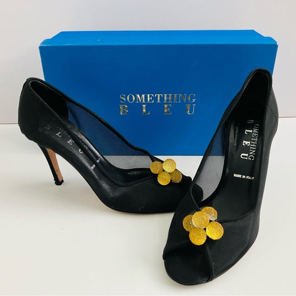 Something Bleu Black Mesh Gold Yellow Ball Pump Heels Peep Toe Italy Size 7 - Picture 1 of 16